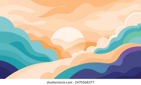 Vibrant abstract art depicting a sunset landscape with bold, wavy lines and vivid colors. Perfect for creative projects, digital artwork, or modern decor. Captures the dynamic beauty of nature.