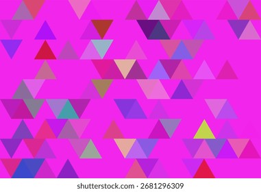 Vibrant abstract art of multicolored triangles overlapping on a pink background, creating a modern geometric digital texture for design and decoration