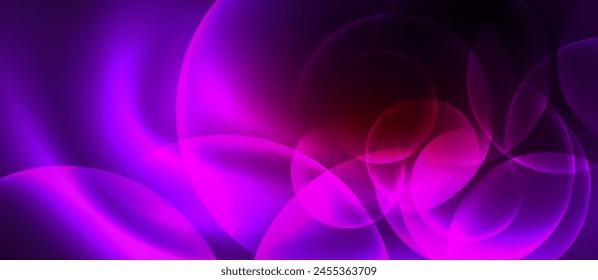 A vibrant abstract art piece with circles and leaves in shades of purple, violet, pink, and magenta on a background resembling water and gas in electric blue hues
