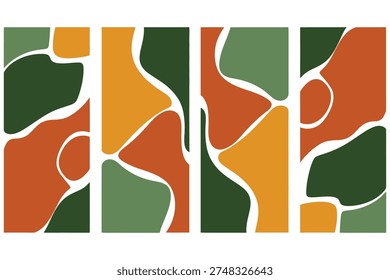 A vibrant abstract art piece featuring interconnected shapes in orange, green, and white hues, divided into four panels.