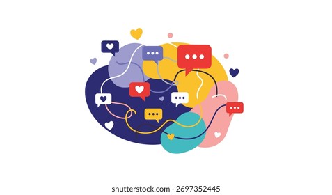 Arte abstrata vibrante mostrando uma rede complexa de comunicação digital, conexões sociais e respostas emocionais em interações online.