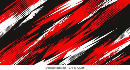 Vibrant abstract artwork features dynamic red, white, and black brushstrokes