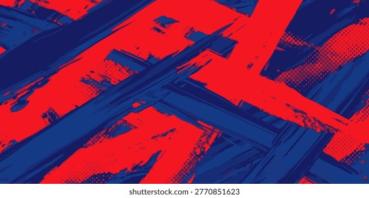 Vibrant abstract artwork featuring bold red and blue brushstrokes on canvas