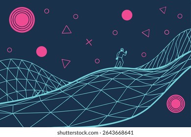 A vibrant abstract artwork featuring a dynamic composition of geometric shapes in a multicolored palette.  The design utilizes bold colors and sharp lines to create a visually striking.