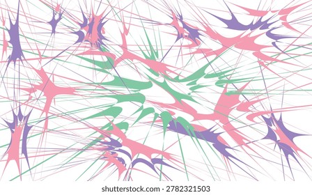 Vibrant abstract artwork featuring dynamic splatters and energetic lines in pink, green, and purple hues against a white background.