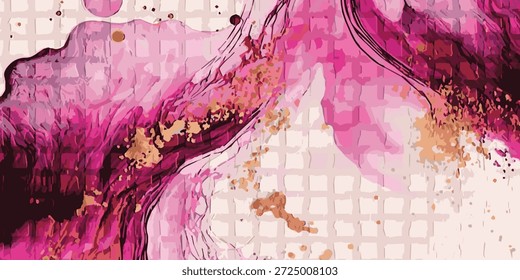 Una vibrante obra de arte abstracta con tinta de alcohol rosa y dorado fluyendo, creando un visual dinámico y lujoso con detalles brillantes.