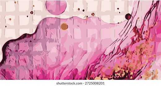Una vibrante obra de arte abstracta con tinta de alcohol rosa y dorada fluida, creando un patrón dinámico y orgánico con texturas sutiles y salpicaduras.