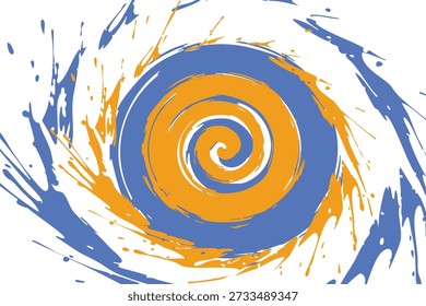 Una vibrante obra de arte abstracta con un diseño en espiral azul y naranja que evoca una sensación de energía dinámica y movimiento
