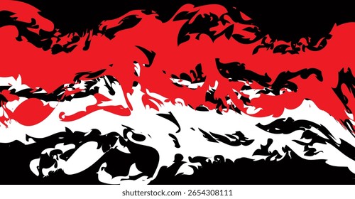Uma arte abstrata vibrante é renderizada com traços arrojados de vermelho, branco e preto, criando uma interação dinâmica de formas fluidas e contrastes agudos que evocam uma sensação de energia caótica