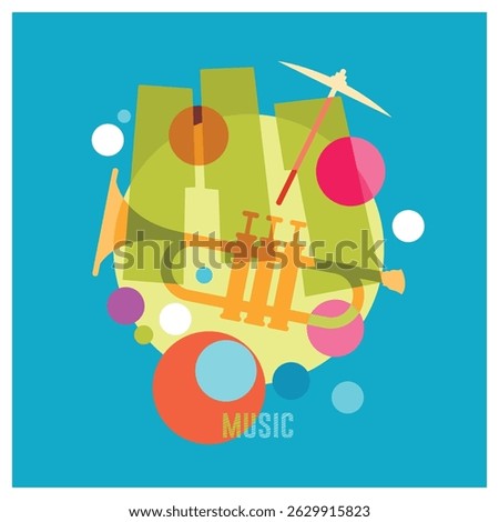 Vibrant abstract artwork showcasing musical instruments like a trumpet and cymbals, surrounded by colorful geometric shapes and vibrant elements. Music and art concept.