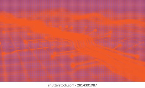 Vibrant abstract backdrop, purple and orange hues, streaky wave pattern, halftone dots, contemporary digital artwork.