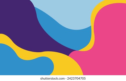 Vibrant abstract background blends flowing shapes in bold colors, creating a dynamic and modern aesthetic. The intertwining purple, blue, yellow, and pink forms evoke movement and energy - Vector