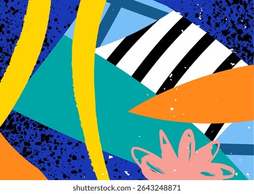 Vibrant abstract background with bold pop art shapes, grunge textures, and curved yellow strokes. Perfect for posters, streetwear, flyers, and creative urban design.