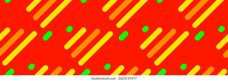 Fundo abstrato vibrante com linhas diagonais em amarelo, laranja e verde em um fundo vermelho.  Perfeito para designs modernos, apresentações, sites ou mídias sociais.