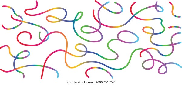 Um fundo vibrante e abstrato exibindo numerosas linhas onduladas e encaracoladas coloridas. Cada linha apresenta um gradiente suave de arco-íris, criando uma textura dinâmica e divertida. Ideal para designs criativos.