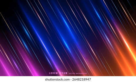 Vibrant abstract background features colorful diagonal light streaks against dark backdrop and glowing lines. Vector illustration