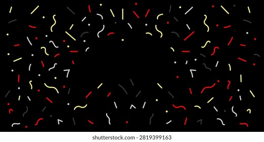 A vibrant, abstract background features a confettilike pattern of red, yellow, white, and dark gray dots, lines, and wavy shapes scattered on a pure black backdrop.