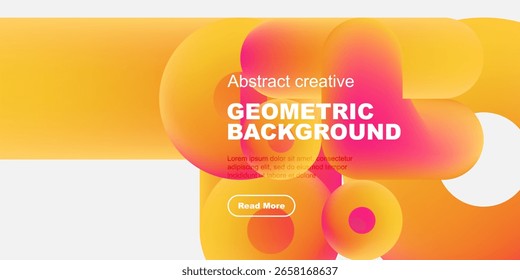 Vibrant abstract background features overlapping colorful shapes. Text reads Geometric Background, includes button. Modern design elements present.
