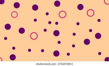 Un fondo abstracto vibrante presenta una dispersión juguetona de círculos sólidos púrpuras de varios tamaños y anillos delineados de rojo en un lienzo suave de color melocotón, creando un patrón alegre, como lunares.