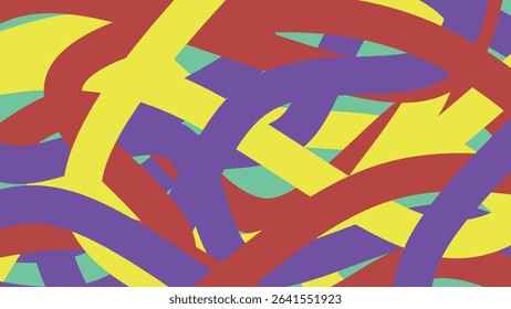A vibrant abstract background featuring bold curved shapes in primary colors including red, blue, green, and yellow. Perfect for modern art concepts, digital backgrounds, playful themes.