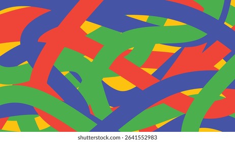 A vibrant abstract background featuring bold curved shapes in primary colors including red, blue, green, and yellow. Perfect for modern art concepts, digital backgrounds, playful themes.