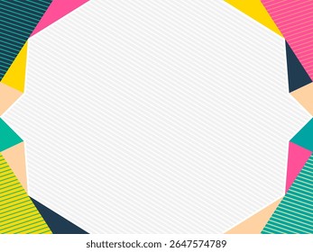 Vibrant abstract background featuring bold geometric shapes and diagonal stripes forming a dynamic frame with central copy space. Ideal for posters, flyers, web banners, and playful branding designs.