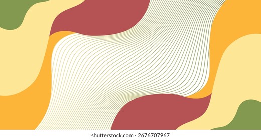 A vibrant abstract background featuring a central area of thin, wavy lines surrounded by colorful organic shapes in earthy tones