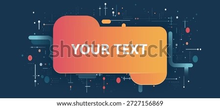 A vibrant abstract background featuring a central gradient shape resembling a digital folder in orange and pink tones. The design includes complex technical elements, circuit lines, and data dots over a dark blue base with ample copy space in the center, perfect for IT web banners, software presentations, and cyber security layouts.