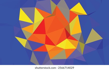 A vibrant abstract background featuring a chaotic arrangement of blue, orange, and yellow polygons, creating a sense of depth and movement.