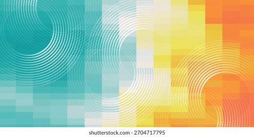 Um plano de fundo abstrato vibrante com um gradiente de cor de azul-petróleo a laranja. Círculos concêntricos brancos criam um efeito de ondulação sobre um padrão moderno em pixels.