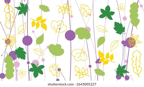 Vibrant abstract background featuring colorful autumn leaves, branches, and dots on a white canvas. Perfect for nature-themed projects, seasonal designs, or organic concepts.