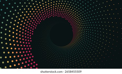 Fundo abstrato vibrante com um padrão colorido de pontos de meio-tom espiral em fundo escuro, ideal para cartazes, designs digitais, apresentações e gráficos modernos