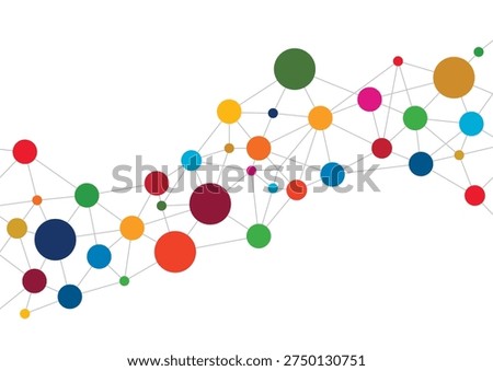 Vibrant abstract background featuring a continuous network of dots and lines in SDGs colors. This versatile design symbolizes global connectivity, sustainability, and corporate social responsibility (CSR). Perfect for full-page layouts, report backgrounds, and web design themes focusing on ESG and digital transformation.