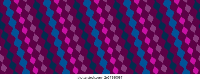 A vibrant abstract background featuring diagonal columns of wavy, tile like shapes in rich purple, magenta, pink, and blue, forming a seamless, rhythmic geometric pattern.