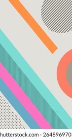 A vibrant abstract background featuring diagonal stripes, circles, and polka dots in a playful palette of orange, teal, pink, blue, and grey.