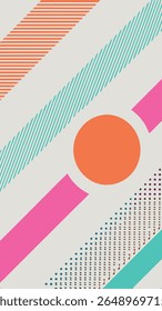 A vibrant abstract background featuring diagonal stripes in orange and teal, a large orange circle, and pink geometric shapes on a light grey canvas.