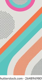 A vibrant abstract background featuring diagonal stripes of orange and teal, accented with scattered polka dots and curved shapes in pink and grey.