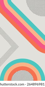 Um plano de fundo abstrato vibrante com listras diagonais de azul-petróleo, rosa e laranja, complementado por padrões de pontos dispersos e formas curvas de arco-íris em um plano de fundo cinza claro.