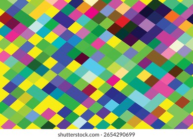 A vibrant abstract background featuring a diagonal pattern of multicolored squares in shades of yellow green blue purple and pink The squares create a dynamic geometric texture