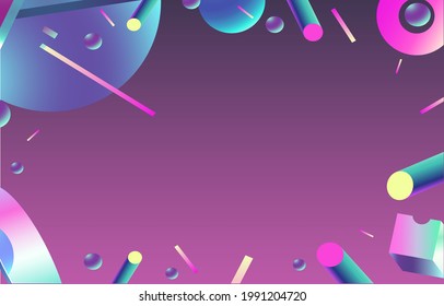 A vibrant abstract background featuring a dynamic composition of floating 3D geometric shapes, including spheres, cylinders, and cubes, rendered with holographic gradient colors against, copy space