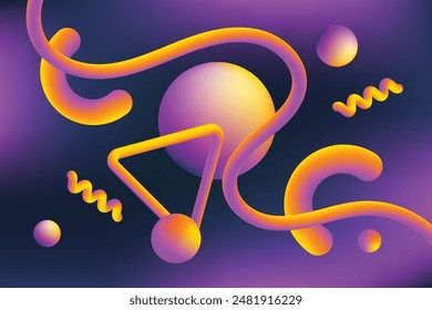 vibrant abstract background featuring dynamic 3D shapes in yellow and purple hues. The composition includes swirls, circles, and lines on a gradient dark blue to purple backdrop.