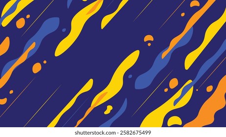 Vibrant abstract background featuring dynamic fluid shapes in yellow, orange, and blue on a deep navy backdrop. Ideal for branding, digital art, or modern design projects.