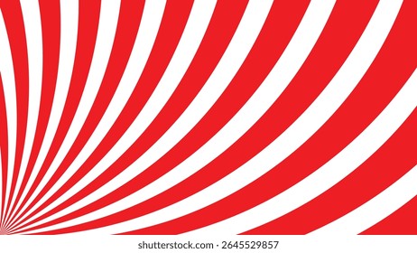 Vibrant abstract background featuring dynamic red and white spiral stripes radiating from the lower left corner. Eye-catching optical pattern with energetic motion and strong visual impact.