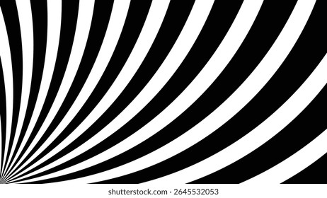 Vibrant abstract background featuring dynamic black and white spiral stripes radiating from the lower left corner. Eye-catching optical pattern with energetic motion and strong visual impact.