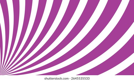 Fundo abstrato vibrante com listras espirais roxas e brancas dinâmicas irradiando do canto inferior esquerdo. Padrão óptico atraente com movimento energético e forte impacto visual.