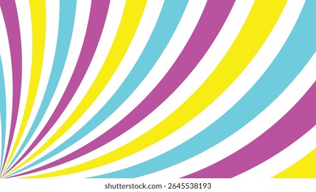 Vibrant abstract background featuring dynamic cyan, magenta, yellow and white spiral stripes radiating from the lower left corner. Eye-catching optical pattern with energetic motion and strong visual 