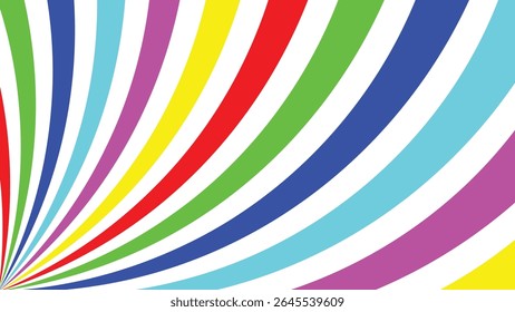 Vibrant abstract background featuring dynamic colorful spiral stripes radiating from the lower left corner. Eye-catching optical pattern with energetic motion and strong visual impact.