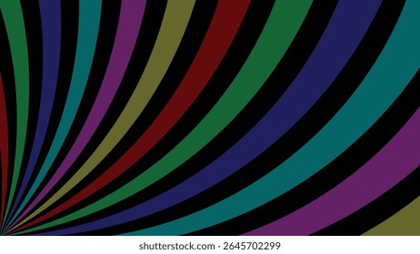 Vibrant abstract background featuring dynamic colorful spiral stripes radiating from the lower left corner. Eye-catching optical pattern with energetic motion and strong visual impact.