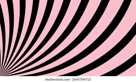 Vibrant abstract background featuring dynamic pink and black spiral stripes radiating from the lower left corner. Eye-catching optical pattern with energetic motion and strong visual impact.