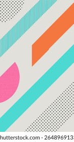 Um fundo abstrato vibrante com uma composição dinâmica de formas geométricas e padrões, incluindo linhas diagonais, pontos polka e um semicírculo em cores negrito.